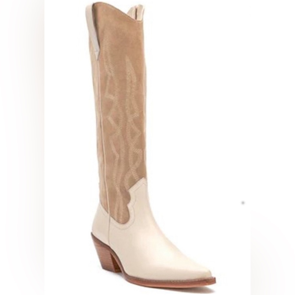 Beige and Tan Knee-High Boots